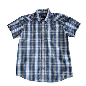 Prana Shirt Mens Medium Blue Plaid Button Up Camp Short Sleeve Hiking Outdoor